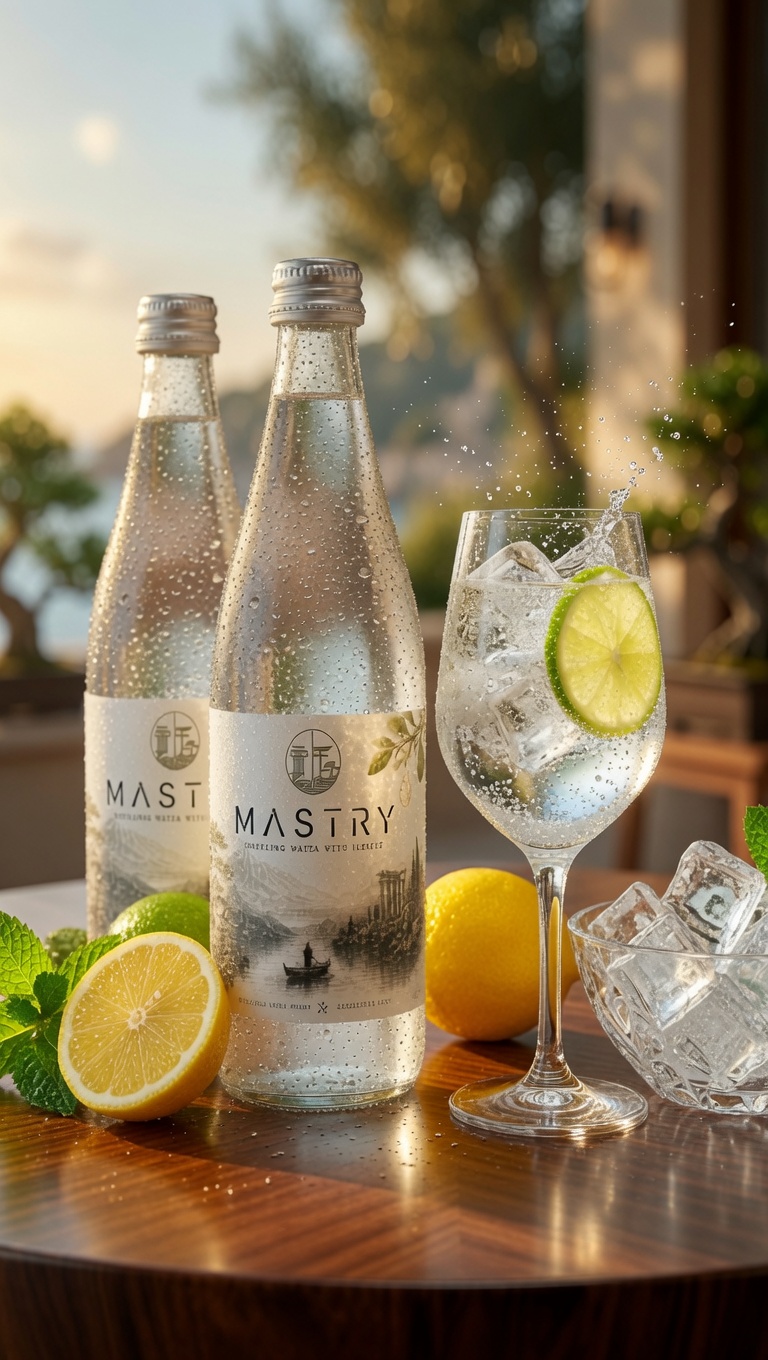 Two MASTRY bottles and a glass with lime and ice on a table at golden hour, overlooking the coast