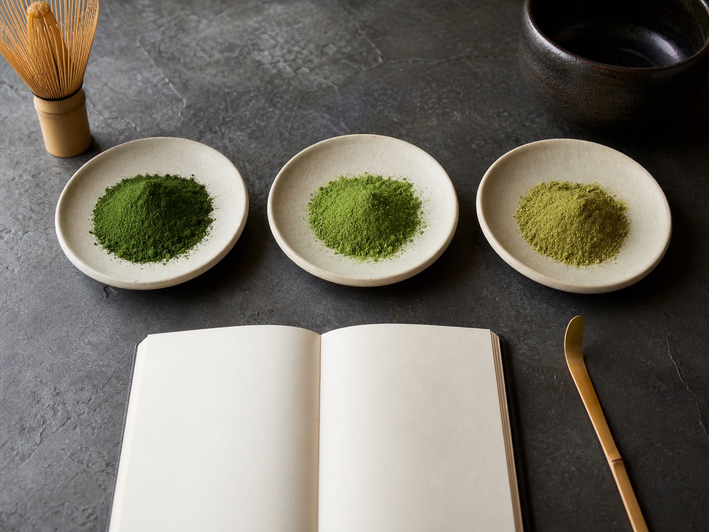 Three matcha powder samples arranged for professional evaluation