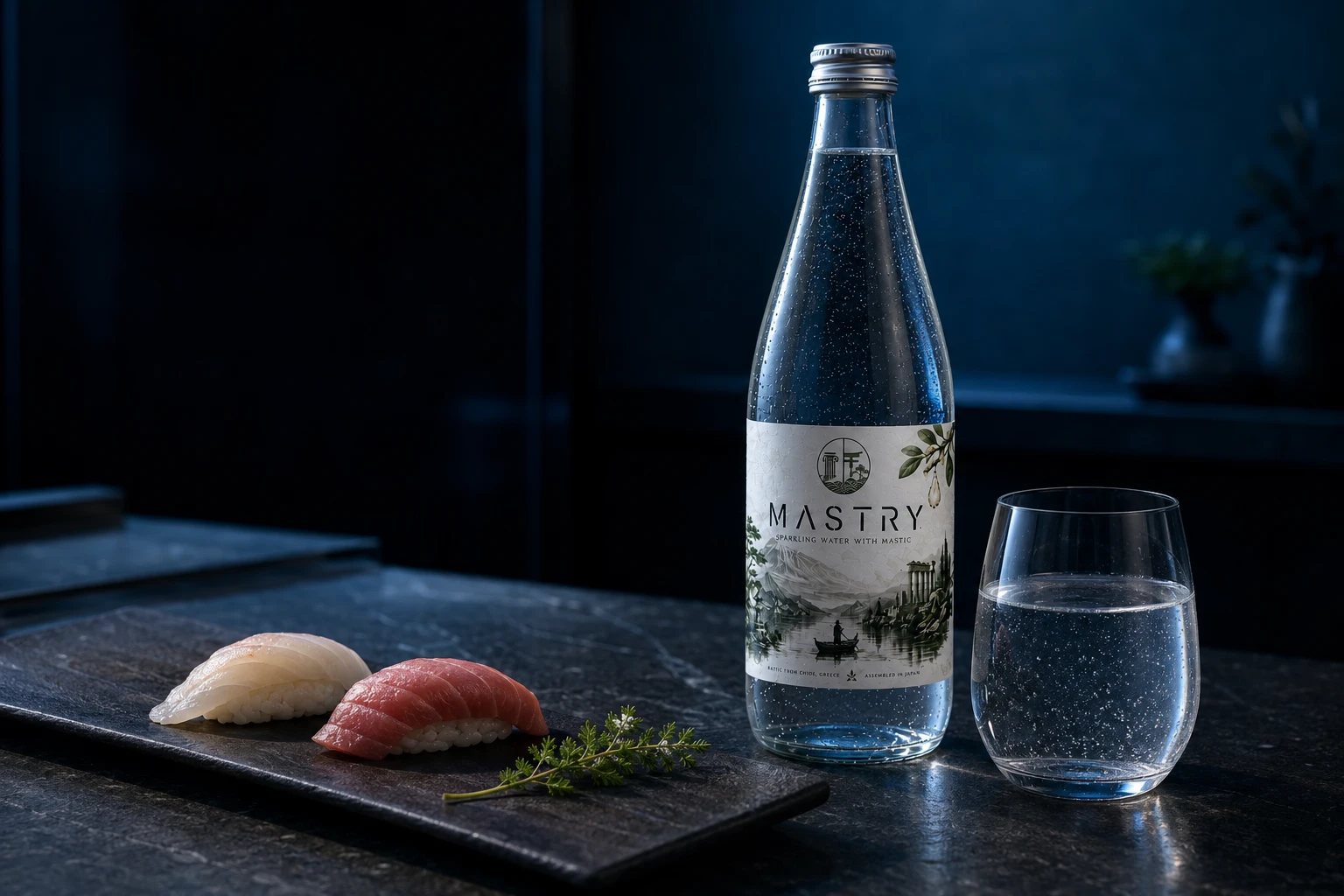 MASTRYのボトルとグラス、寿司との夜のペアリング — MASTRY paired with nigiri sushi on a dark counter