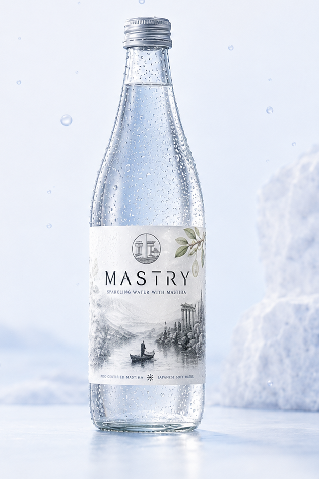 A MASTRY bottle in a cool, icy still life with water droplets